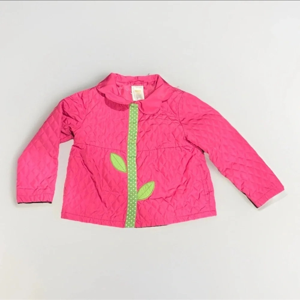 Gymboree Girls Size 4–5 Pink Quilted Jacket Floral Appliqué Green Trim